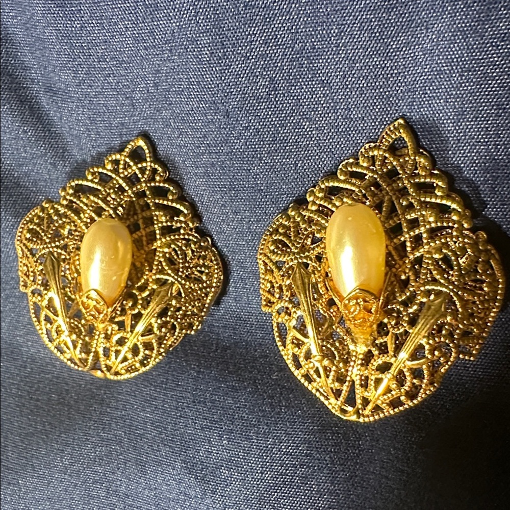 Gold Filigree Clip-On Earrings - Elegant large faux pearl 1 1/2 “ long. #263